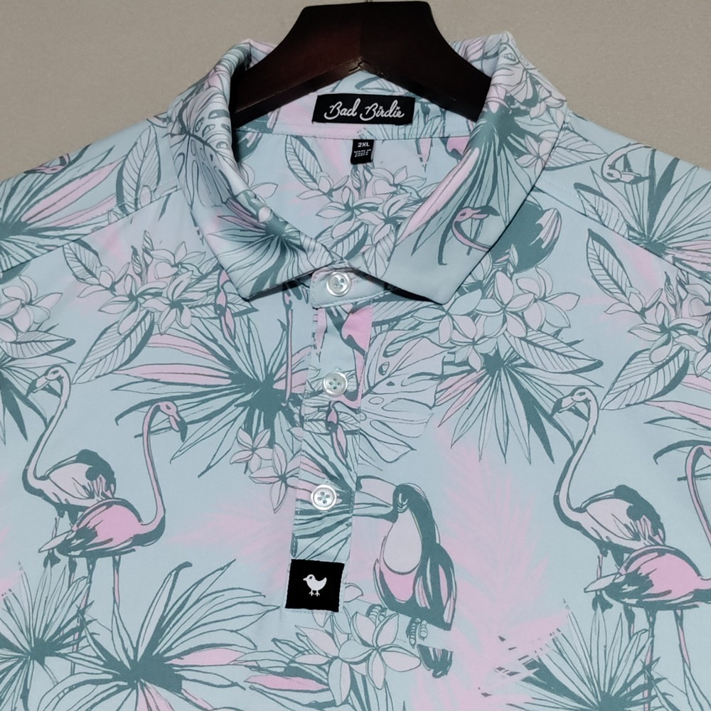 Bad Birdie Tropical Watch Golf Polo Mens 2XL Flamingo Toucan Hawaiian Pastel AOP - Picture 7 of 16